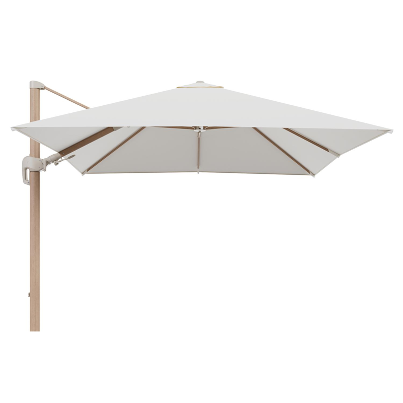 Rufina zweefparasol tiltfunctie in houtlook aluminium en parasoldoek in All Weather Sunbrella® Luxe Natte White  - L1 300 x L2 300 cm (zonder voet)