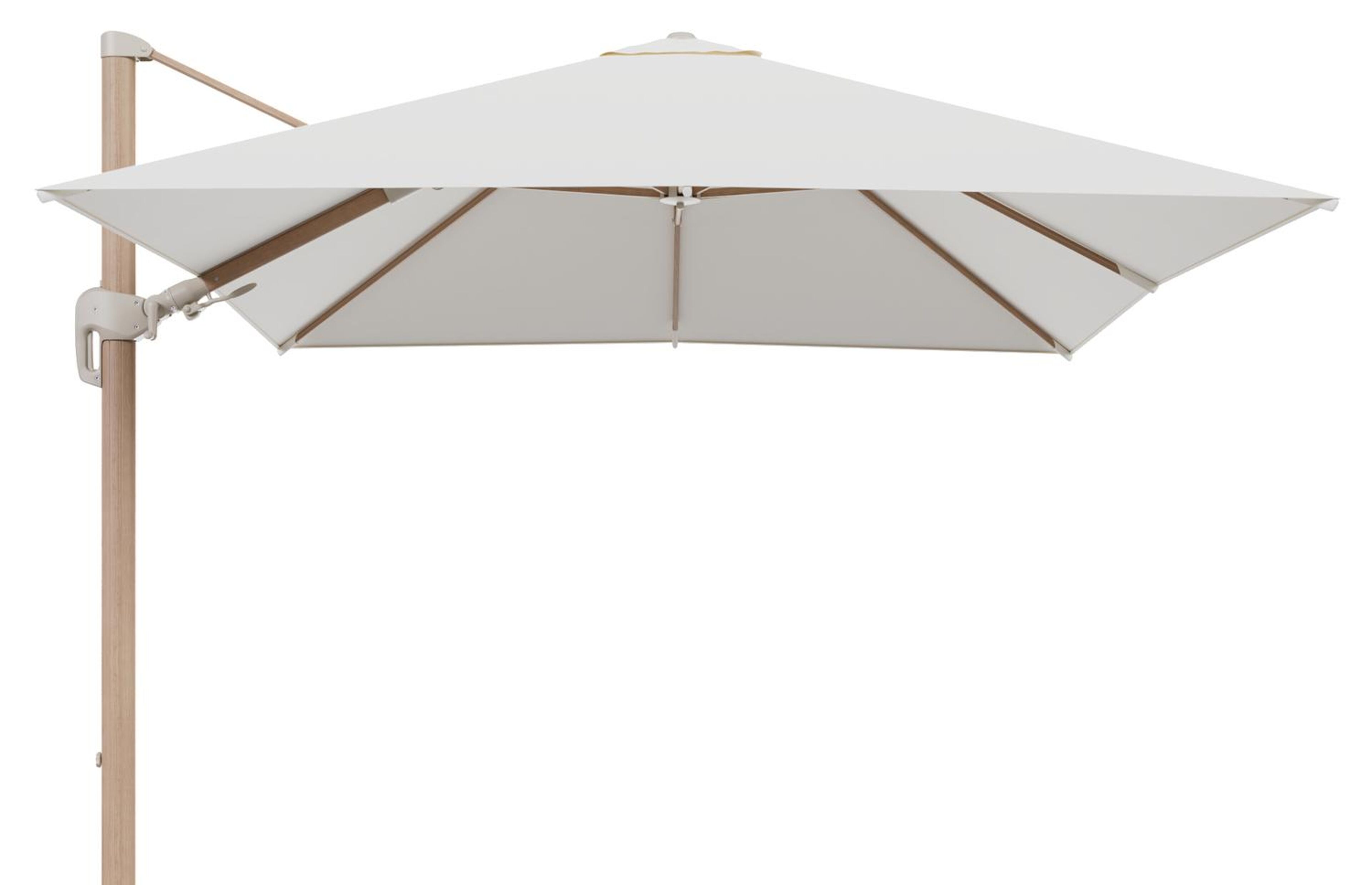 Rufina zweefparasol tiltfunctie in houtlook aluminium en parasoldoek in All Weather Sunbrella® Luxe Natte White - L1 300 x L2 300 cm (zonder voet) (zonder voet)