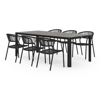 Ellara tuinset in zwart aluminium en grijs keramische print tafelblad met 6 stapelbare Vigo tuinstoelen