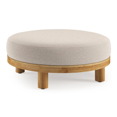 Salon de jardin pouf Donato en teck et corde ronde tissée verticalement beige et coussins en all weather sunbrella® luxe Slow Farafra