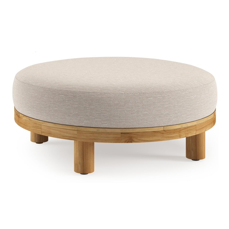 Salon de jardin pouf Donato en teck et corde ronde tissée verticalement beige et coussins en all weather sunbrella® luxe Slow Farafra