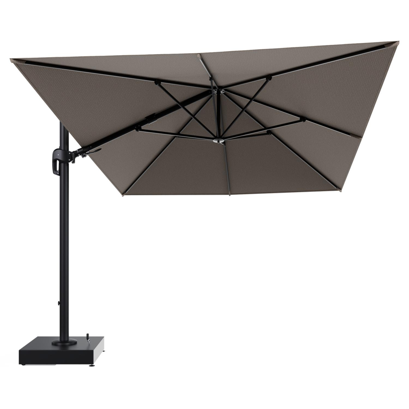 Rufina zweefparasol met tiltfunctie in zwart aluminium en Firenze Earth All Weather Solica parasoldoek - L1 400 x L2 300 cm met parasolvoet Minore 150 kg met wielen