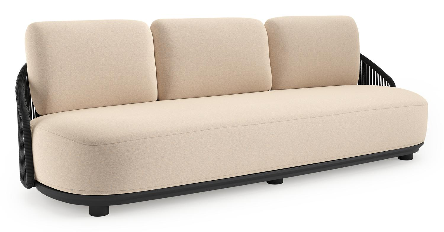 Canapé de jardin Vadelo en aluminium noir et corde ronde tissée verticalement noir et coussins en all weather sunbrella® luxe heritage papyrus