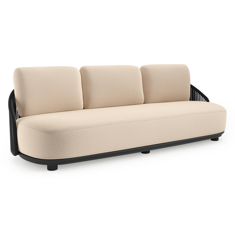 Canapé de jardin Vadelo en aluminium noir et corde ronde tissée verticalement noir et coussins en all weather sunbrella® luxe heritage papyrus