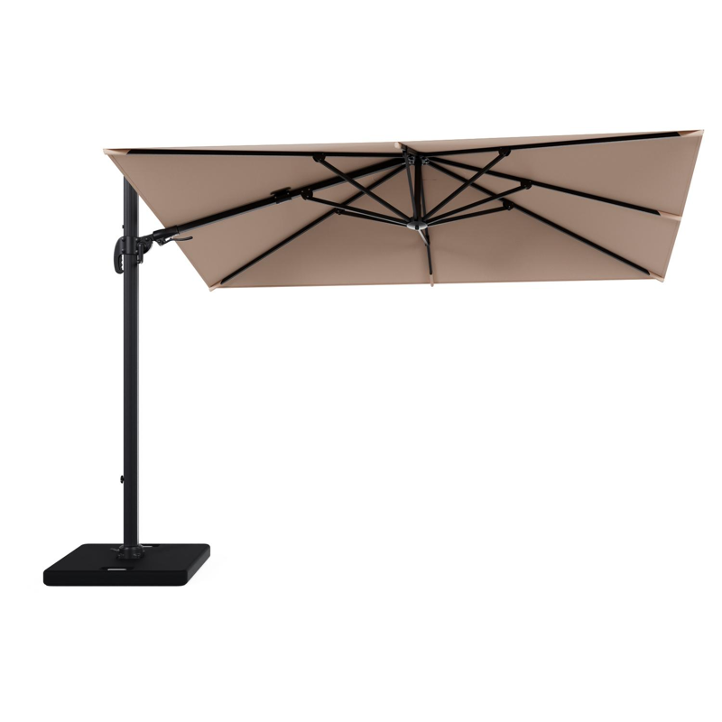 Avola zweefparasol met tiltfunctie in zwart aluminium en Natte Linen Chalk Sunbrella Premium parasoldoek - L1 200 x L2 300 cm met parasolvoet Pedito 120 kg