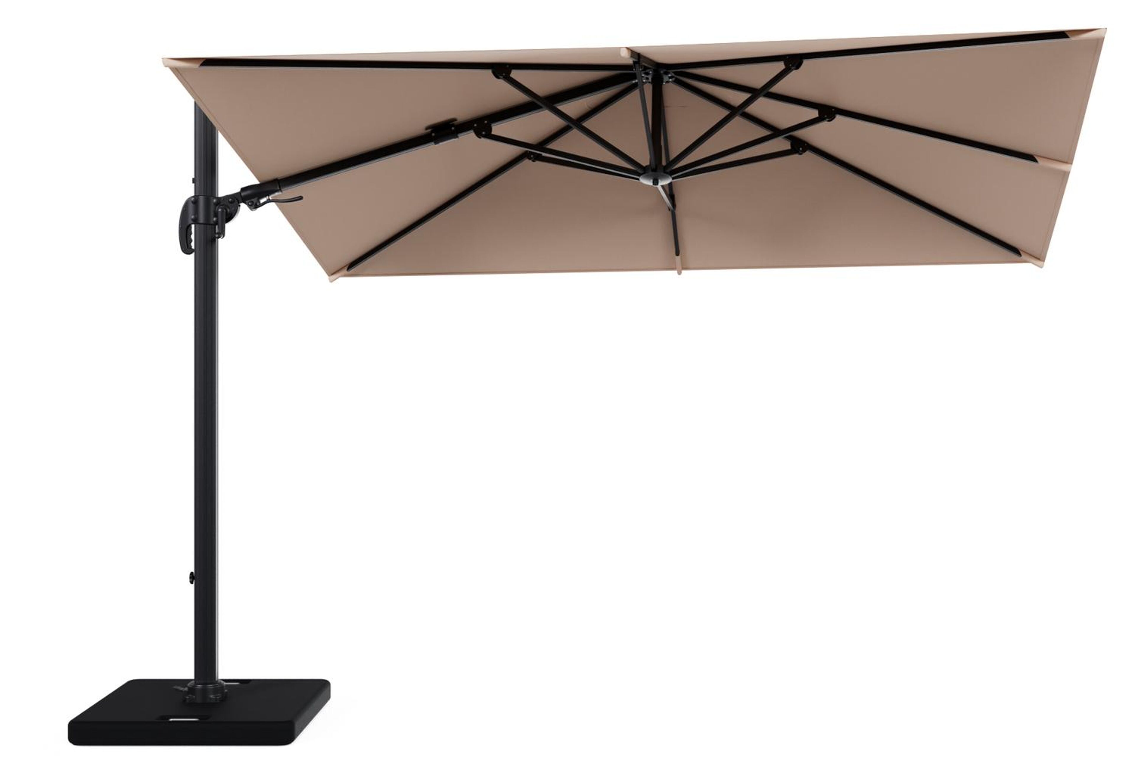 Avola zweefparasol met tiltfunctie in zwart aluminium en Natte Linen Chalk Sunbrella Premium parasoldoek - L1 200 x L2 300 cm met parasolvoet Pedito 120 kg