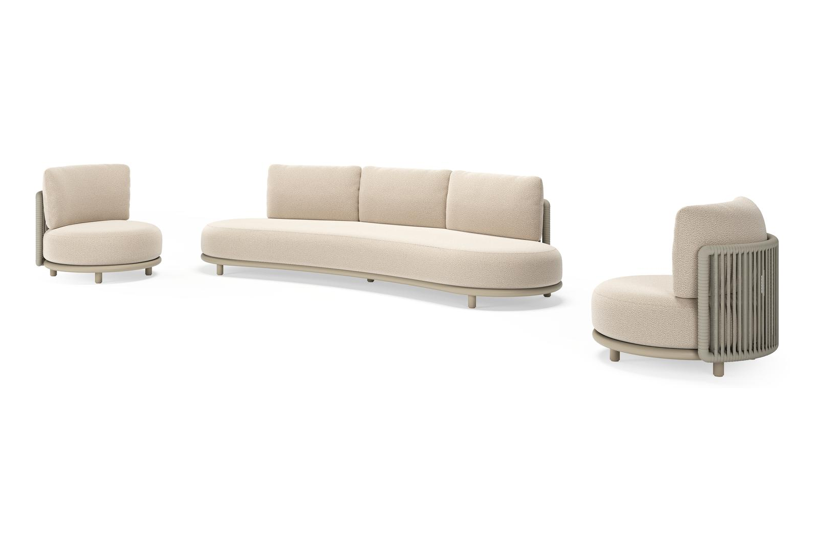 Lomano loungeset in beige aluminium en beige verticaal geweven luxe vlakke rope met Lopi Sand all weather sunbrellaÂ® luxe