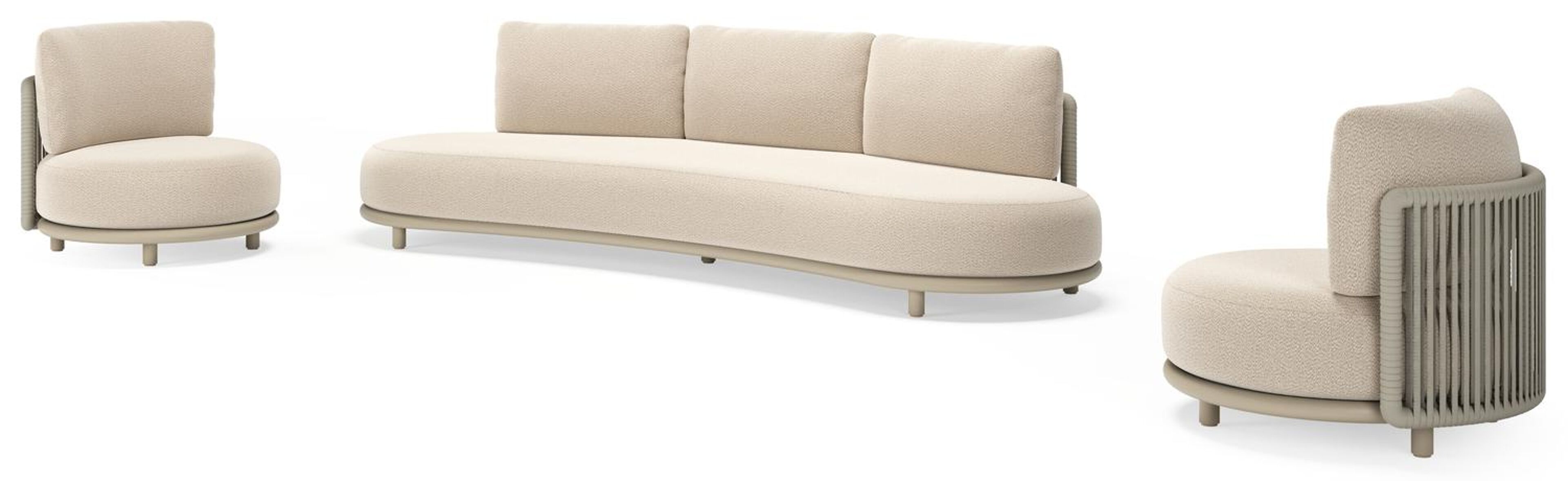 Lomano loungeset in beige aluminium en beige verticaal geweven luxe vlakke rope met Lopi Sand all weather sunbrellaÂ® luxe