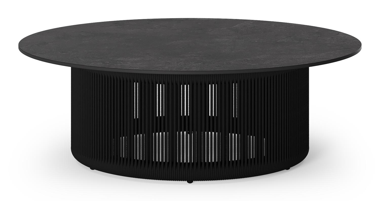 Table de basse Erla en aluminium noir et corde ronde noire tissée verticalement avec sintered stone zwart - Dia. 90 x H 30 cm