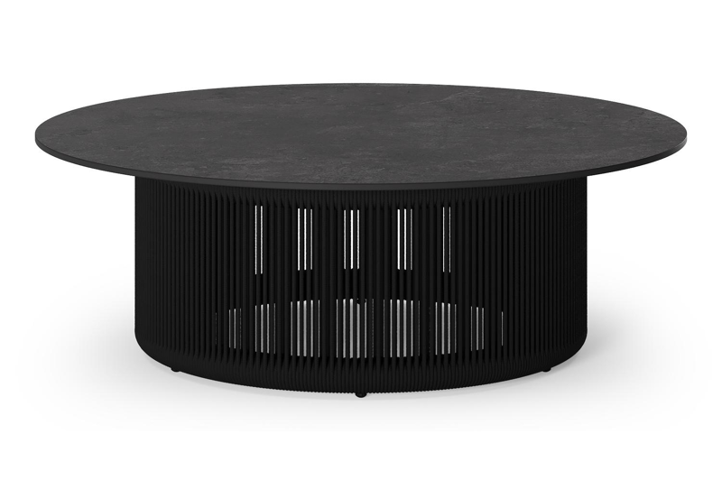 Erla loungetafel in zwart aluminium en zwart verticaal geweven ronde rope met zwart sintered stone - Dia. 90 x H 30 cm