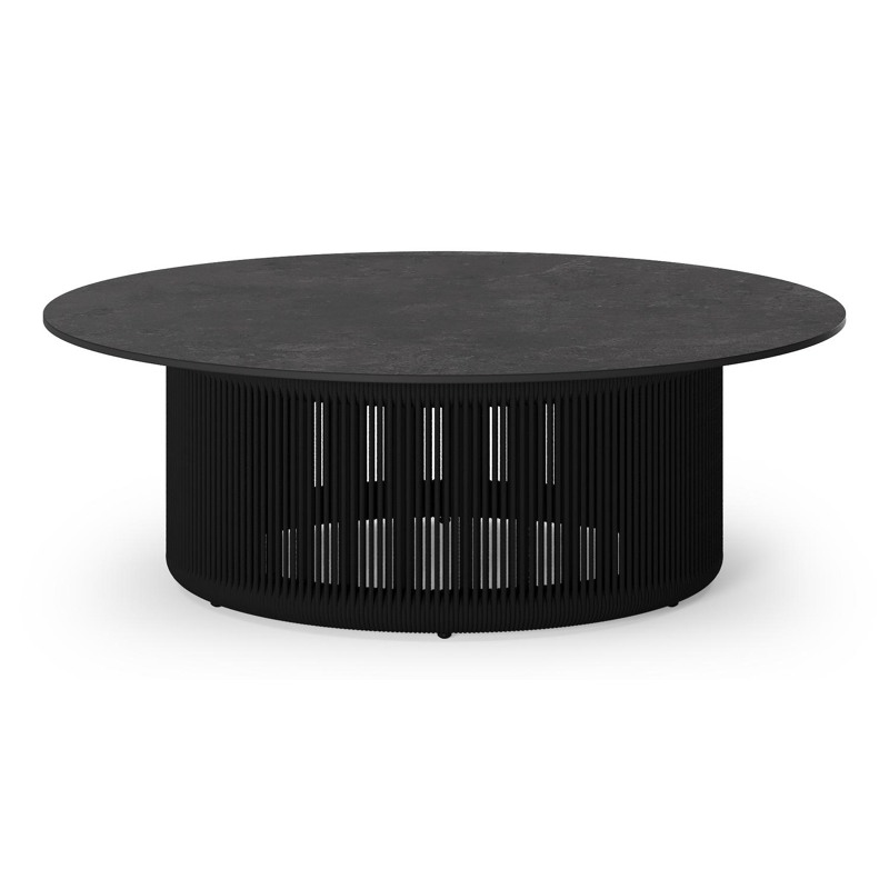 Erla loungetafel in zwart aluminium en zwart verticaal geweven ronde rope met zwart sintered stone - Dia. 90 x H 30 cm