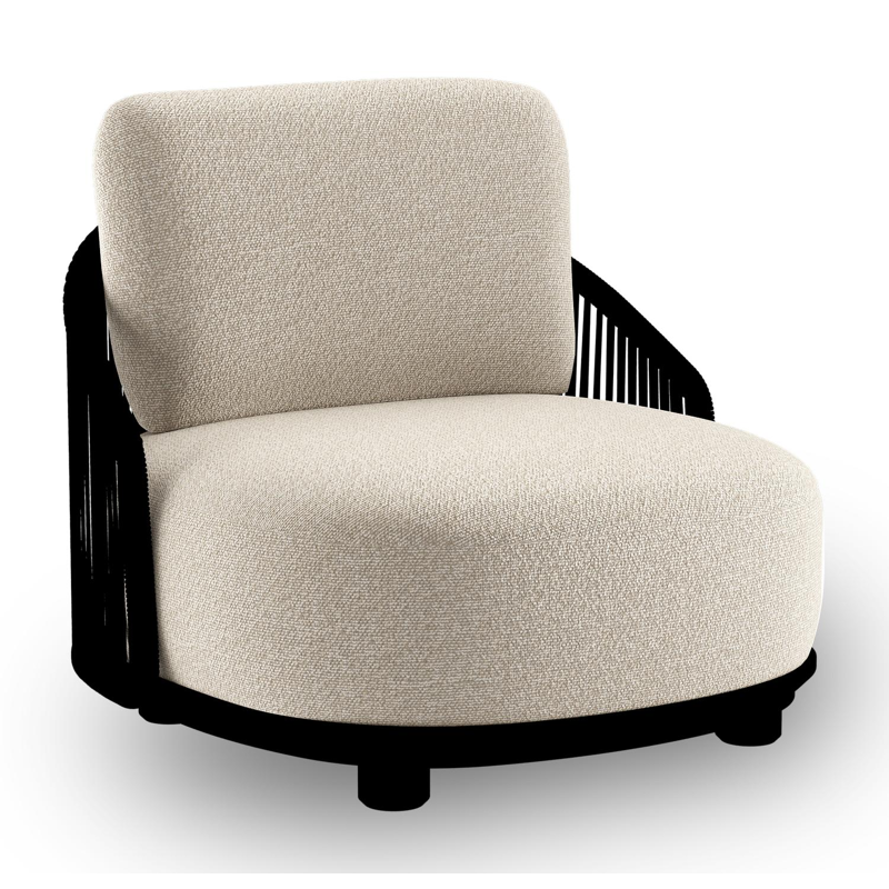 Fauteuil de jardin Vadelo en aluminium noir et corde ronde tissée verticalement noir et coussins en all weather cosytica marbella ecru