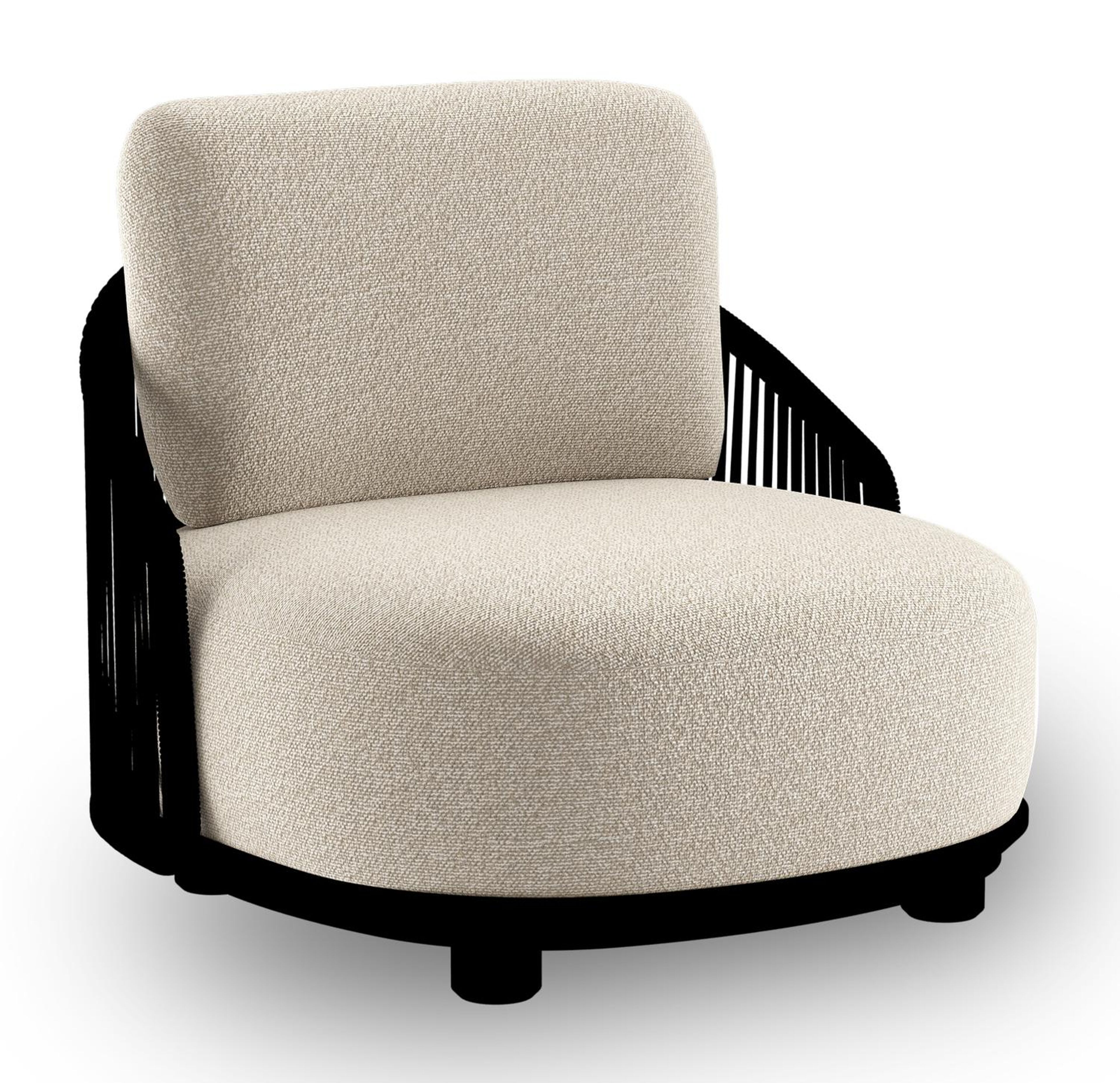 Fauteuil de jardin Vadelo en aluminium noir et corde ronde tissée verticalement noir et coussins en all weather cosytica marbella ecru