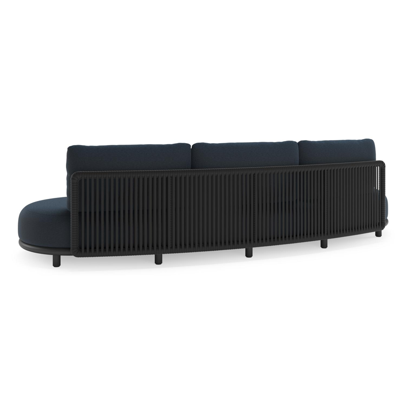 Lomano loungebank in zwart aluminium en zwart verticaal geweven luxe vlakke rope met heritage indigo All Weather Sunbrella® luxe kussen
