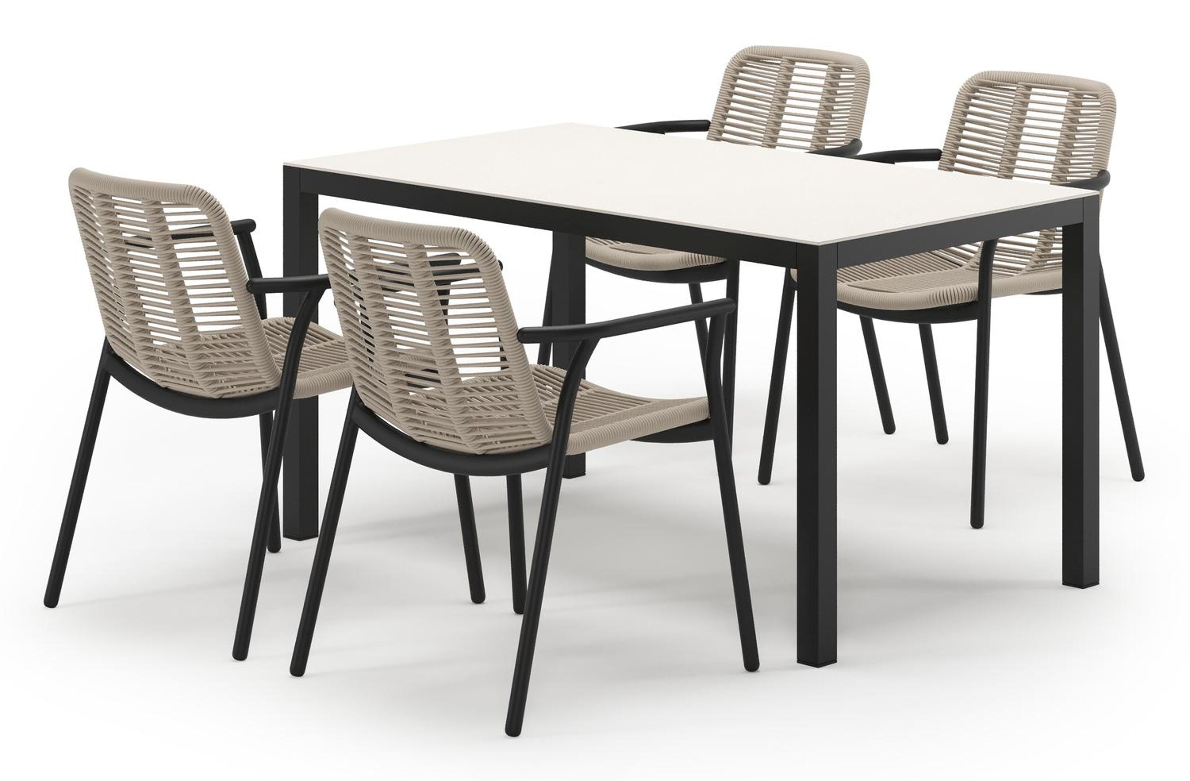Ensemble de jardin Feltro en aluminium noir et sintered stone crema minerale avec 4 chaises de jardin empilable Berga