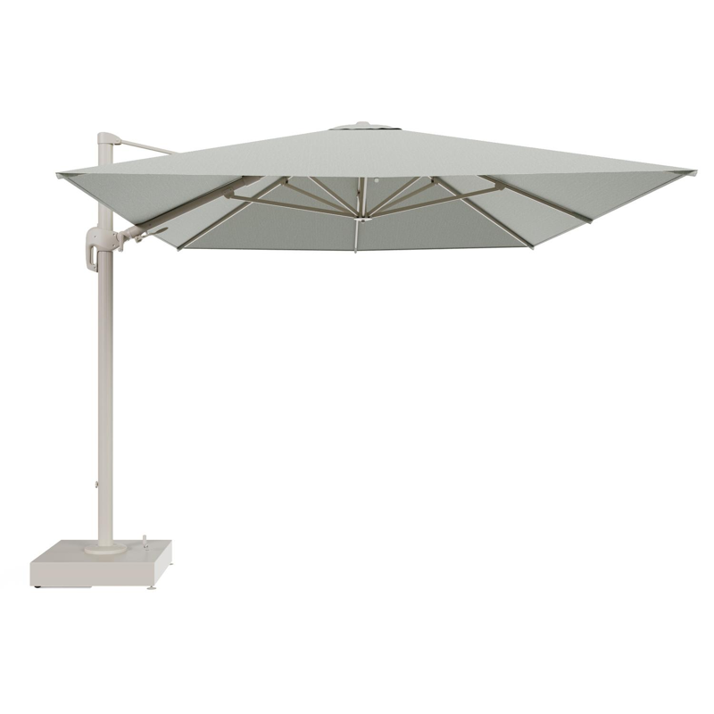 Rufina zweefparasol met tiltfunctie in beige aluminium en Slow Spirea All Weather Sunbrella® Luxe parasoldoek - L1 400 x L2 300 cm met parasolvoet Minore 150 kg met wielen