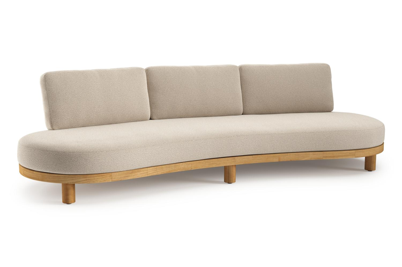 Donato loungebank in teak en beige verticaal geweven ronde rope met all weather sunbrella® luxe Lopi Sand kussen