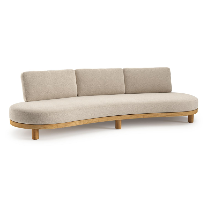 Donato loungebank in teak en beige verticaal geweven ronde rope met all weather sunbrella® luxe Lopi Sand kussen