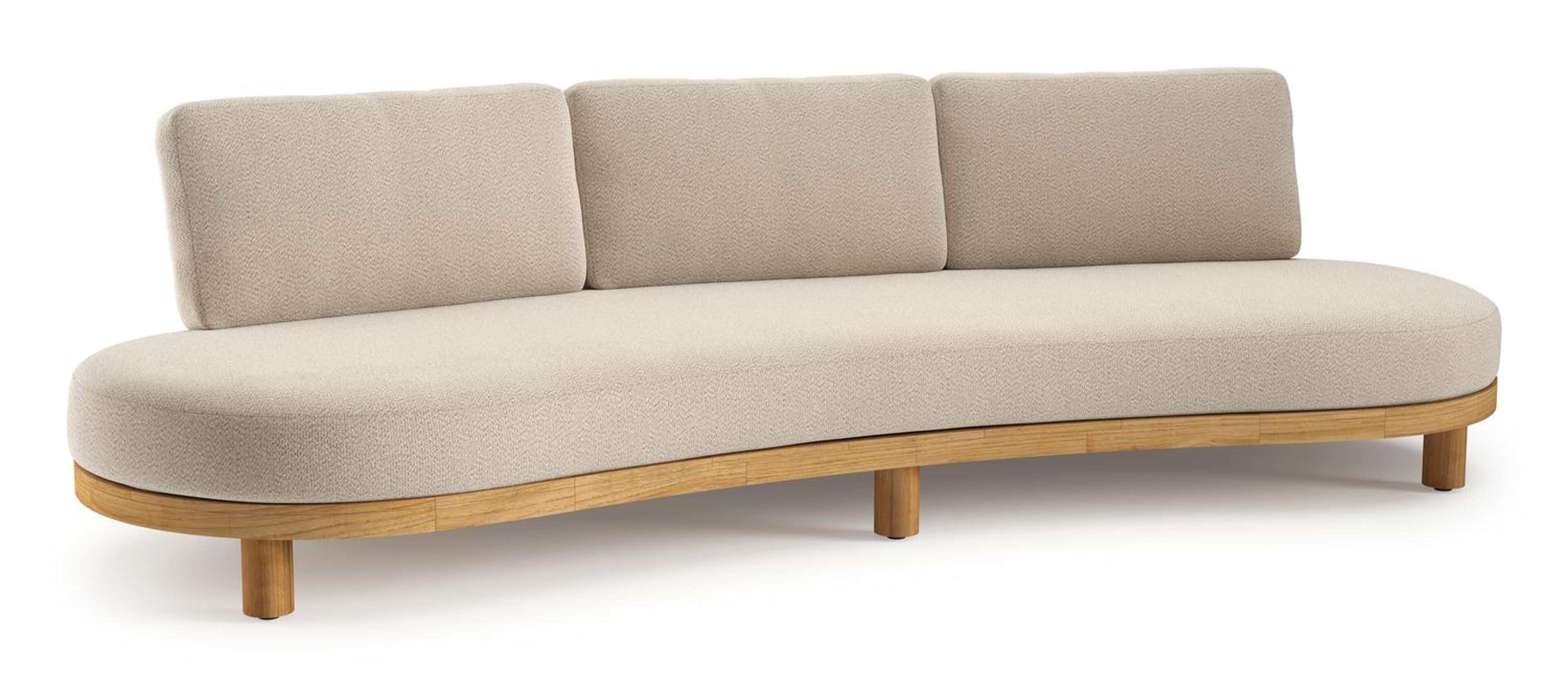 Canapé de jardin Donato en teck et corde ronde tissée verticalement beige et coussins en all weather sunbrella® luxe Lopi Sand