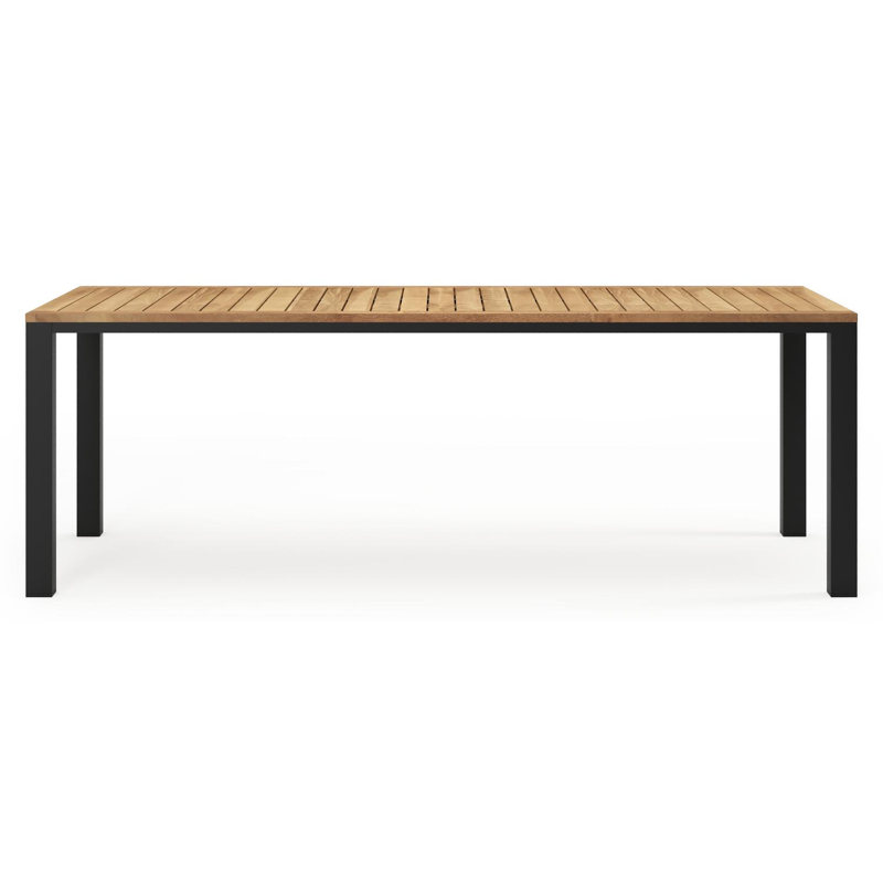 Varese tuinset in zwart aluminium en naturel teak tafelblad met 6 stapelbare Amalfi tuinstoelen