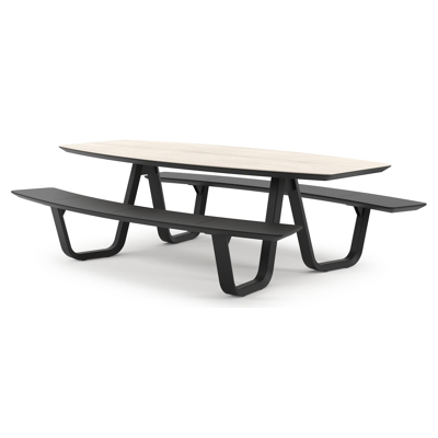 Forno picknicktafel bootvorm in zwart aluminium en volkeramiek Travertino Bianco - L 240 x B 181 x H 72 cm