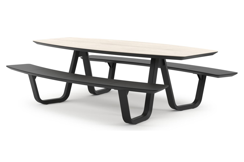 Forno picknicktafel bootvorm in zwart aluminium en volkeramiek Travertino Bianco - L 240 x B 181 x H 72 cm