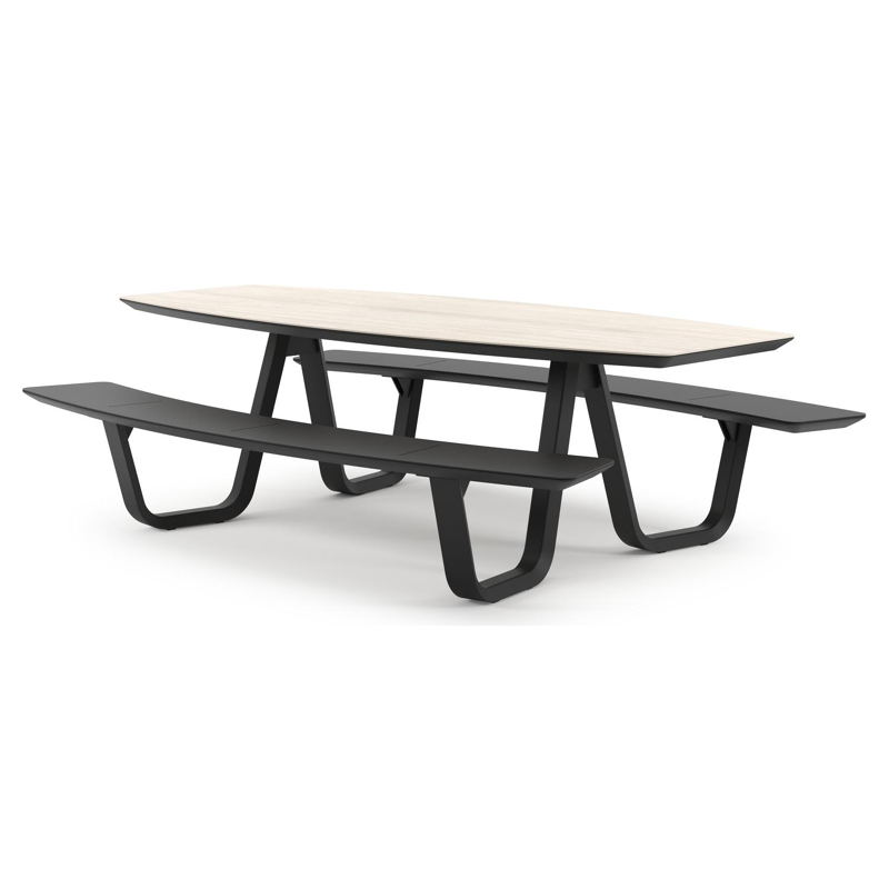 Forno picknicktafel bootvorm in zwart aluminium en volkeramiek Travertino Bianco - L 240 x B 181 x H 72 cm