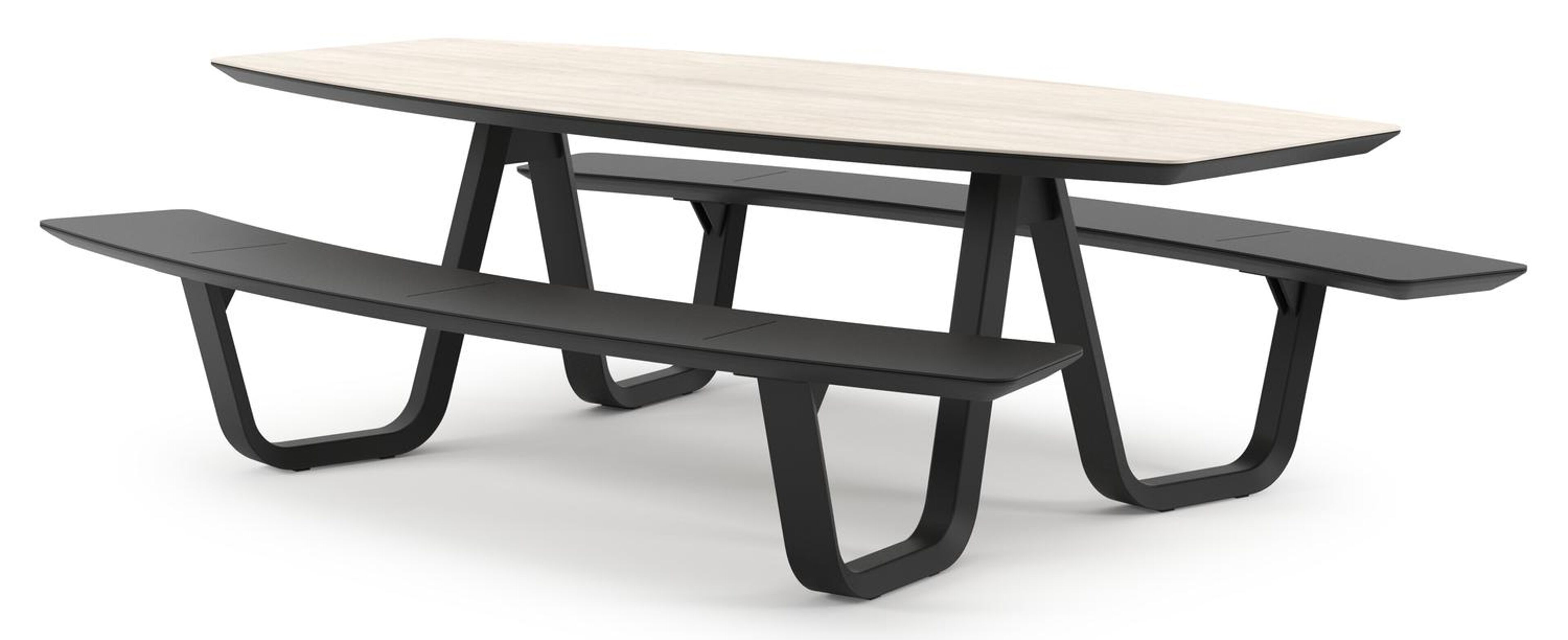 Forno picknicktafel bootvorm in zwart aluminium en volkeramiek Travertino Bianco - L 240 x B 181 x H 72 cm