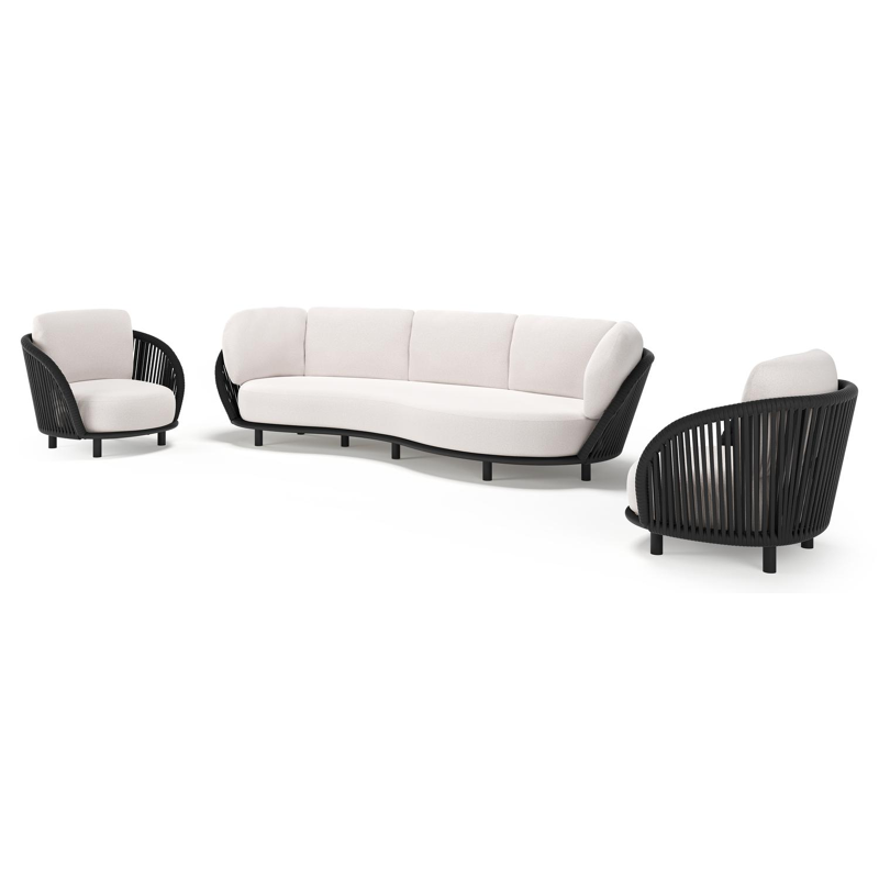 Lupino loungeset in zwart aluminium en zwart verticaal geweven luxe vlakke brede rope met ego eggshell all weather solica kussen