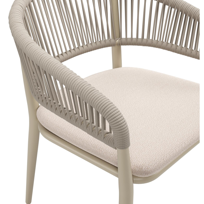 Tolfa stapelbare tuinstoel in beige aluminium en beige verticaal geweven ronde rope met stoelkussen in All Weather Sunbrella® Luxe Wander Pilat