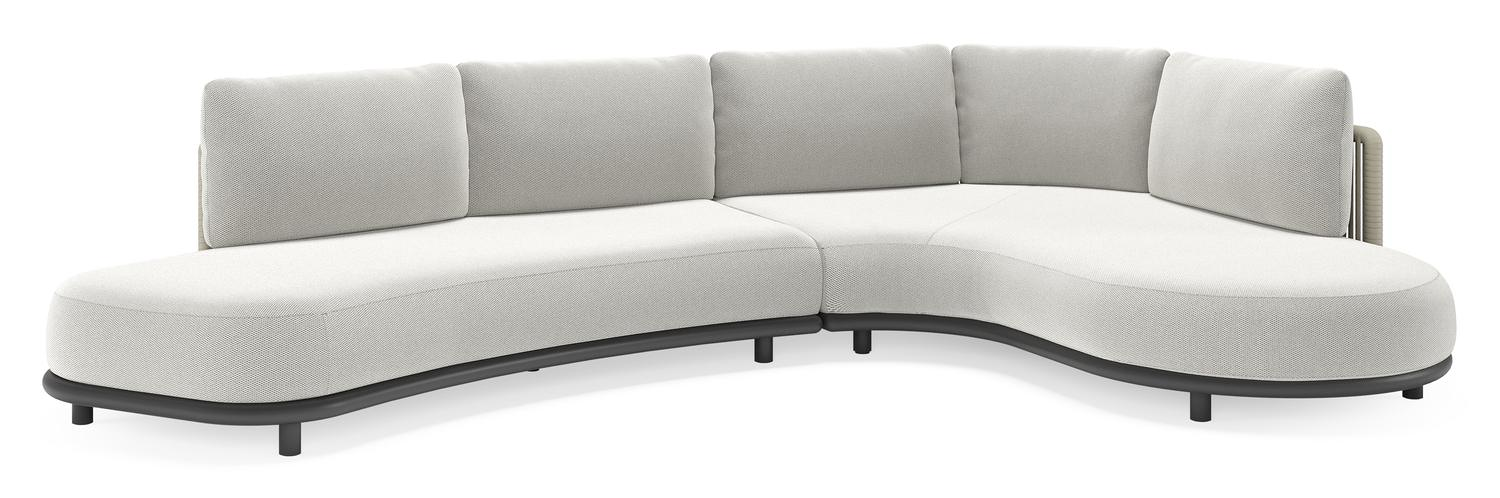 Salon de jardin d'angle Lomano en aluminium noir et corde luxe plate tissée verticalement beige et coussins en all weather sunbrella® luxe Lopi Ash