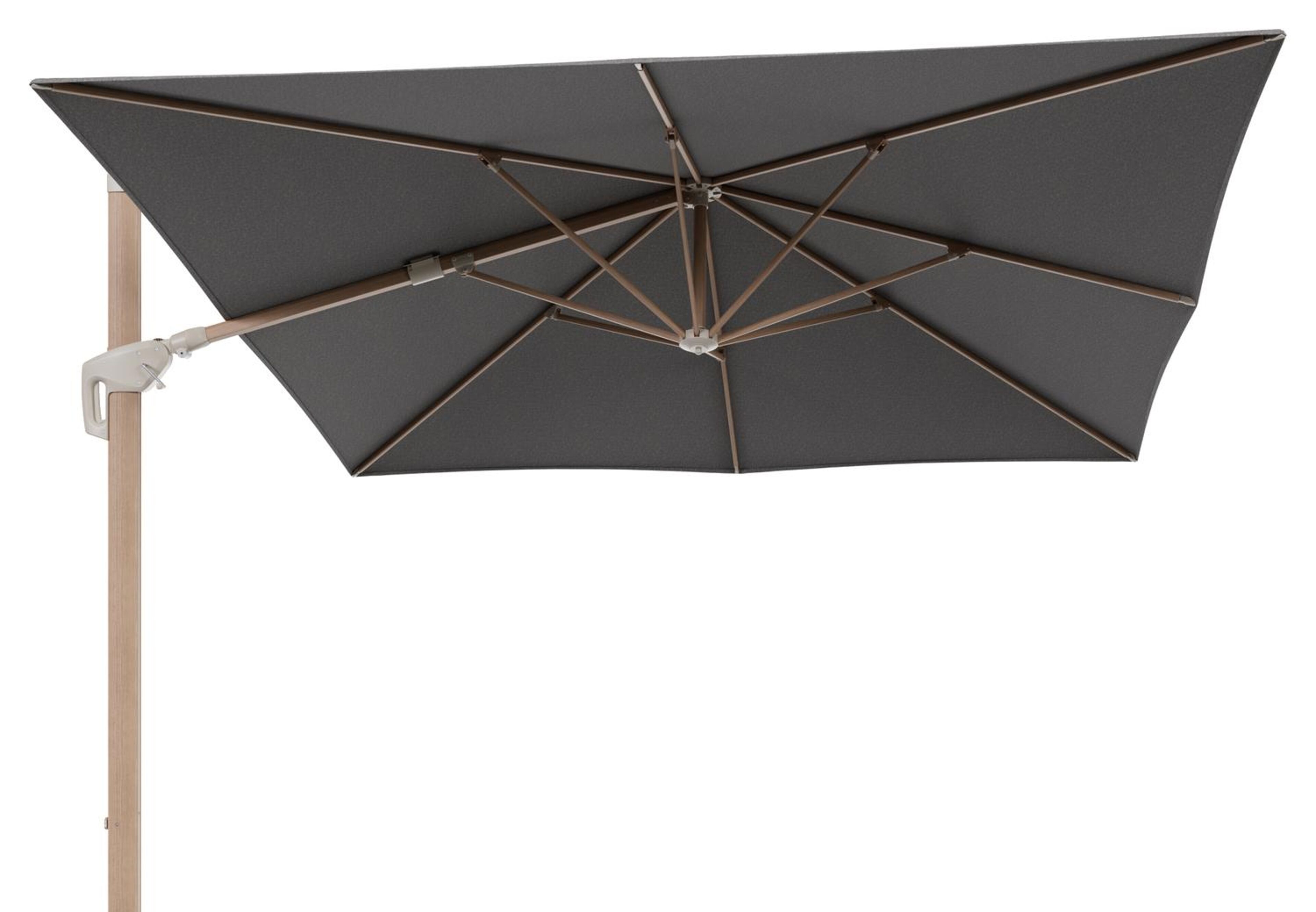 Minore zweefparasol met tiltfunctie in houtlook aluminium en Chartres Drizzle All Weather Sunbrella® Luxe parasoldoek - L1: 350 x L2: 350 cm (zonder voet) (zonder voet)
