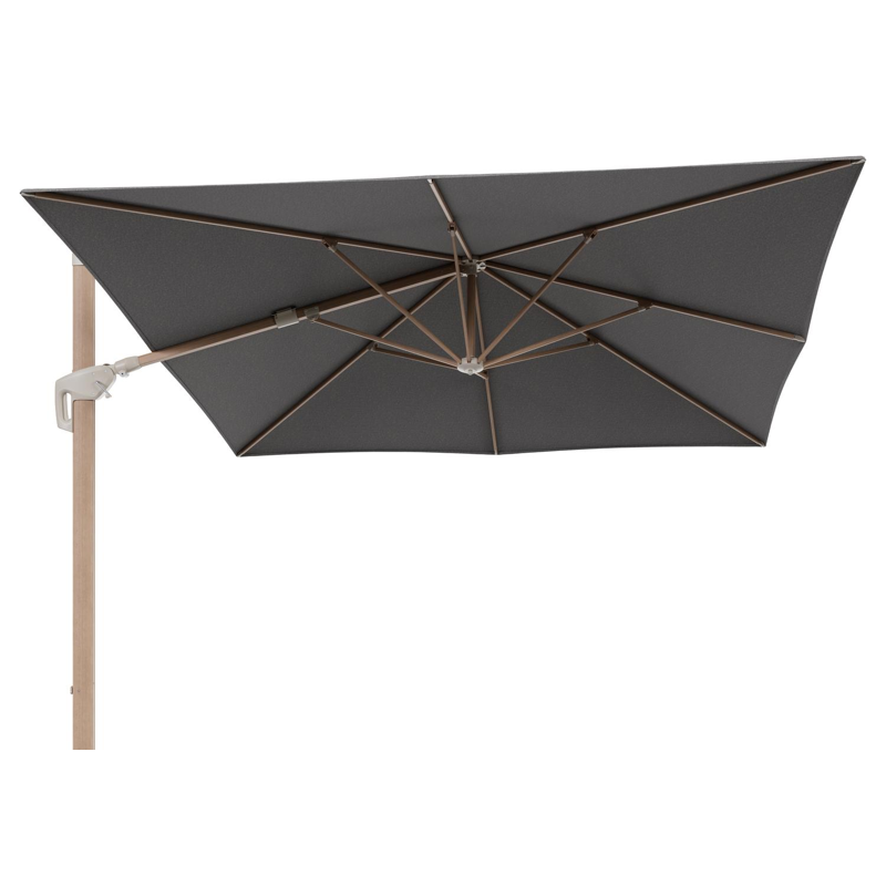 Minore zweefparasol met tiltfunctie in houtlook aluminium en Chartres Drizzle All Weather Sunbrella® Luxe parasoldoek - L1: 350 x L2: 350 cm (zonder voet)