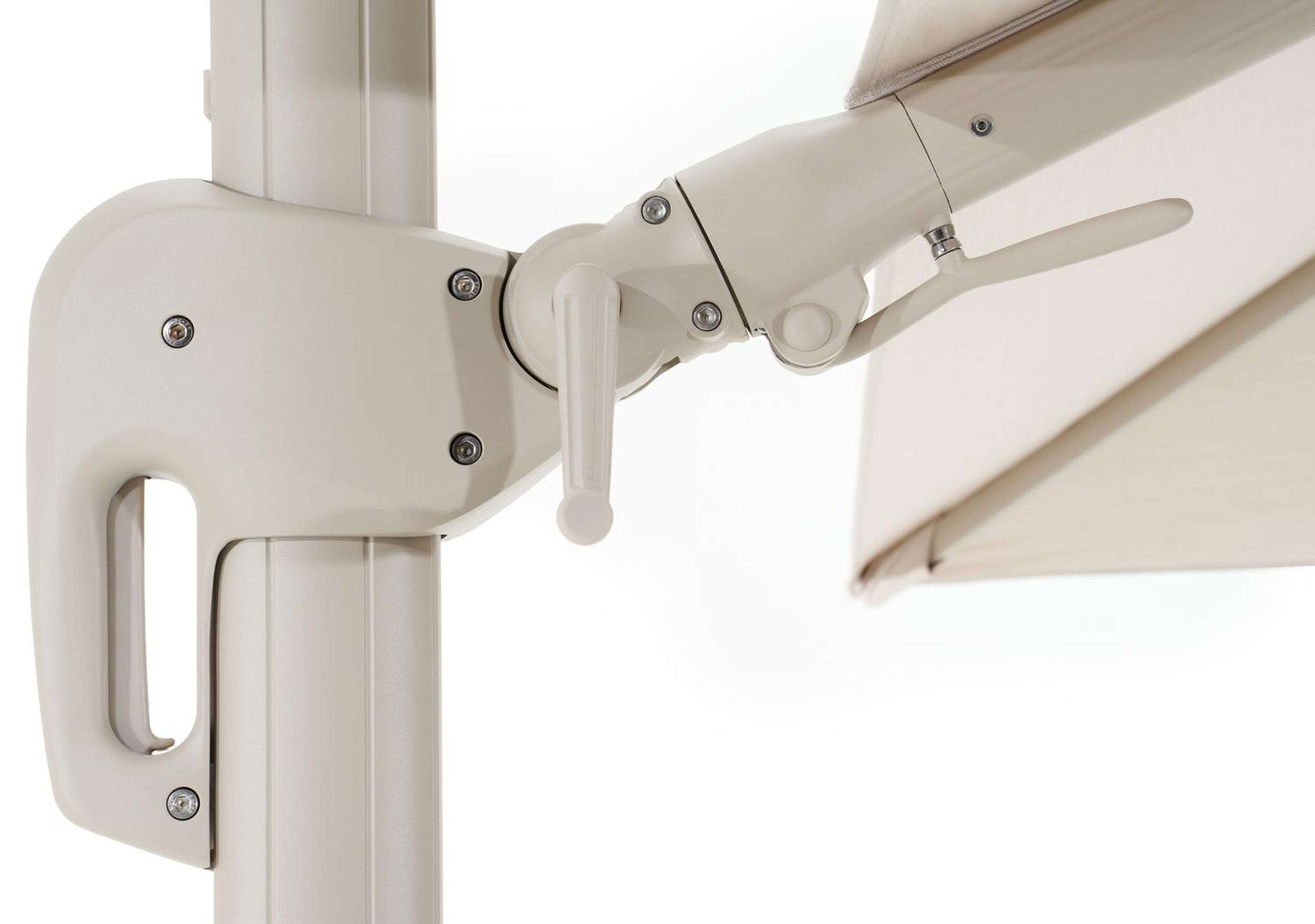 Rufina zweefparasol met tiltfunctie in beige aluminium en beige All Weather Sunbrella® Premium parasoldoek - L1 350 x L2 250 cm met parasolvoet Minore 150 kg met wielen