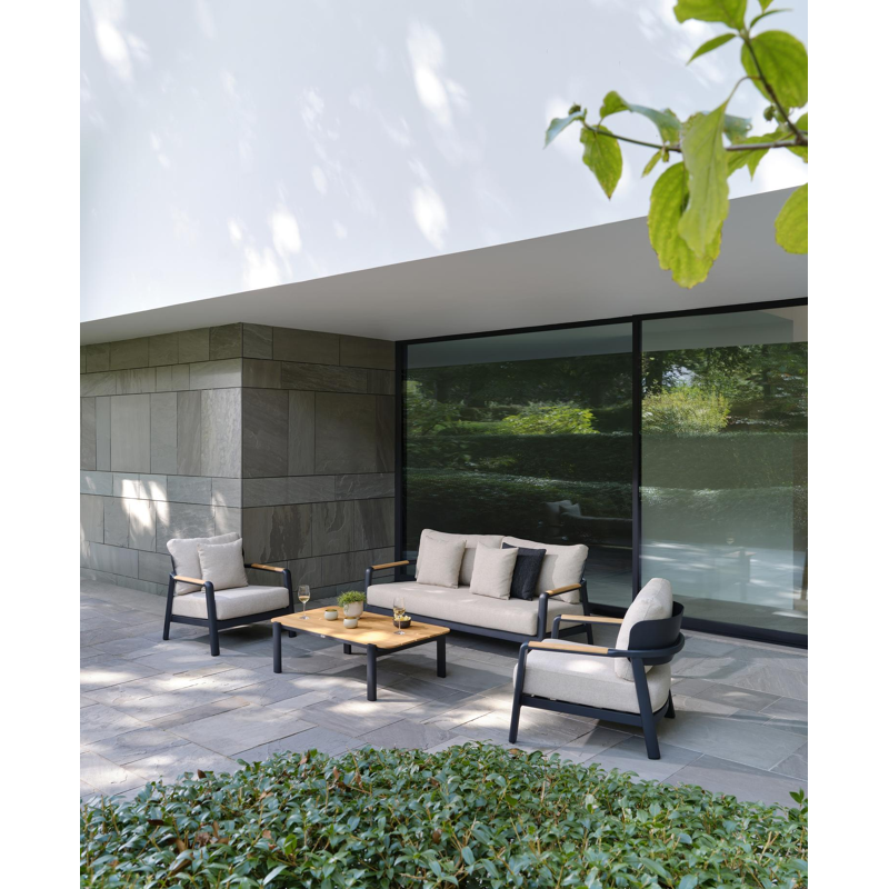 Salamanca loungebank 2-zit in zwart aluminium en teak met desert weather+ softtouch kussen