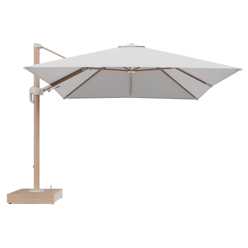 Rufina zweefparasol met tiltfunctie in houtlook aluminium en Ego Birch All Weather Solica parasoldoek - L1 300 x L2 300 cm met parasolvoet Minore 150 kg met wielen