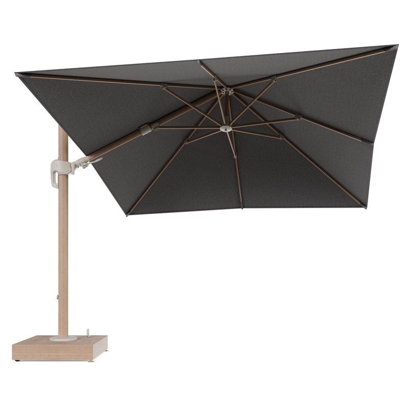 Rufina zweefparasol met tiltfunctie in houtlook aluminium en Chartres Drizzle All Weather Sunbrella® Luxe parasoldoek - L1 300 x L2 300 cm met parasolvoet Minore 150 kg met wielen