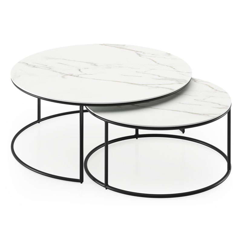 Fano set van 2 loungetafels rond in zwart aluminium en volkeramiek Calacatta - Dia. 85/65 x H 35/30 cm