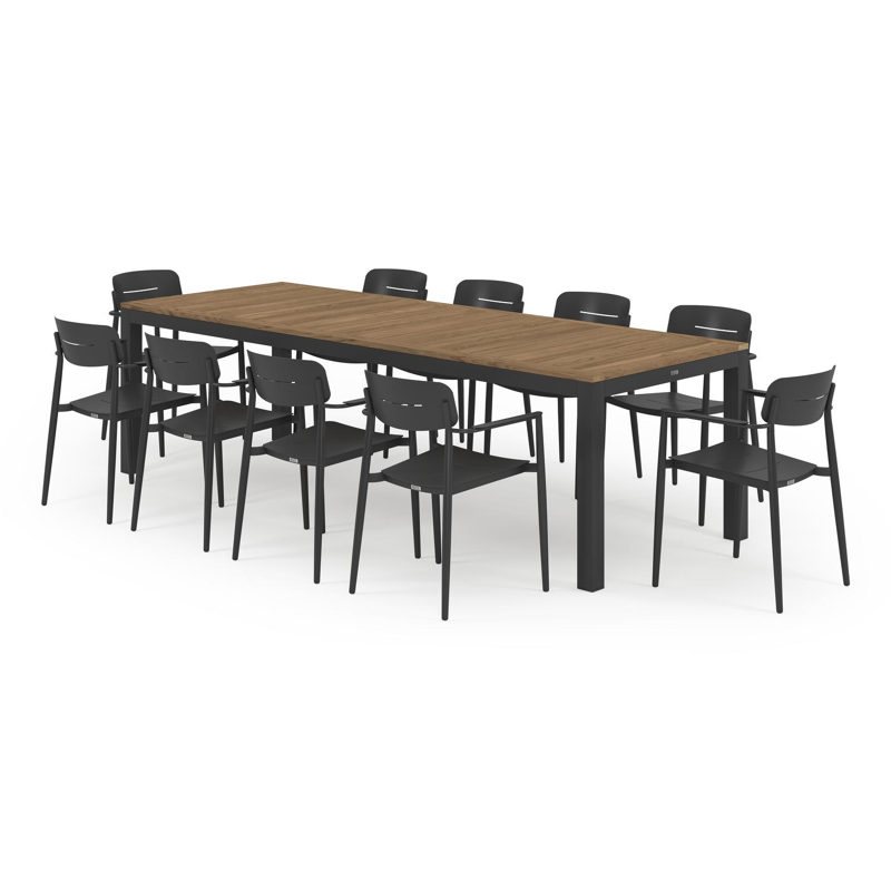 Varese tuinset in zwart aluminium en colour finish teak tafelblad met 10 stapelbare Cosa tuinstoelen