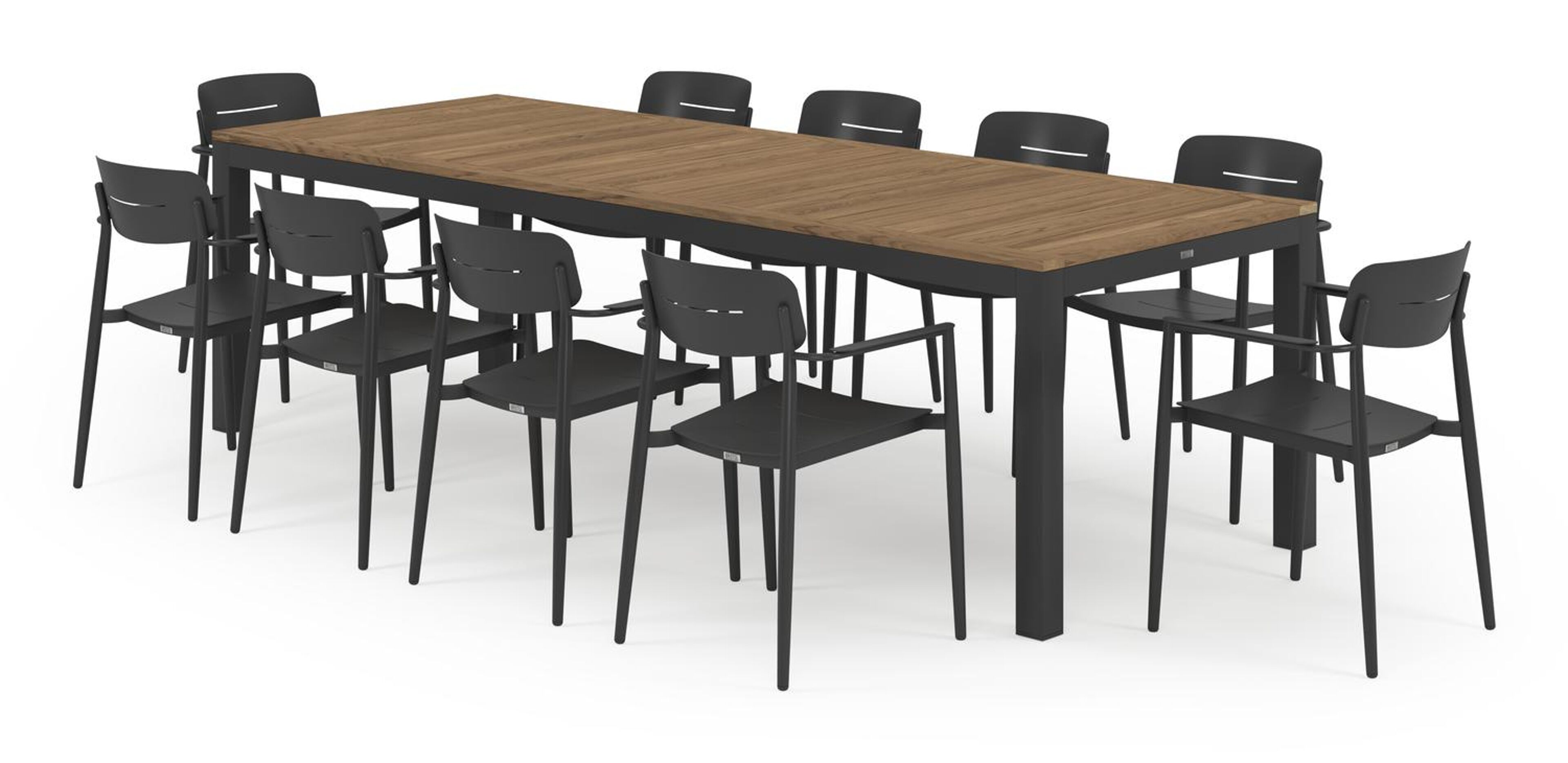 Varese tuinset in zwart aluminium en colour finish teak tafelblad met 10 stapelbare Cosa tuinstoelen