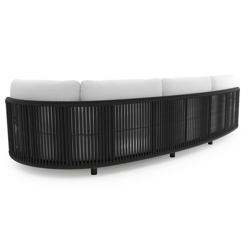 Lomano loungebank in zwart aluminium en zwart verticaal geweven luxe vlakke rope met ego birch all weather solica kussen