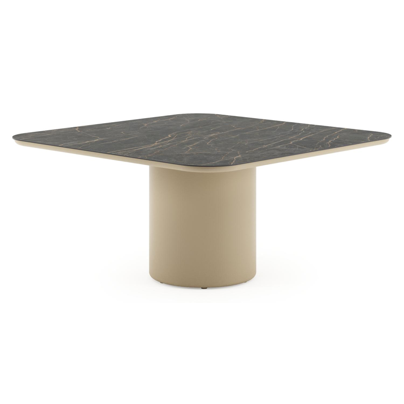Table de jardin Amico carré arrondi en aluminium beige et céramique pleine Black Obsession - Lg. 148 x Lrg. 148 x Haut. 73.5 cm