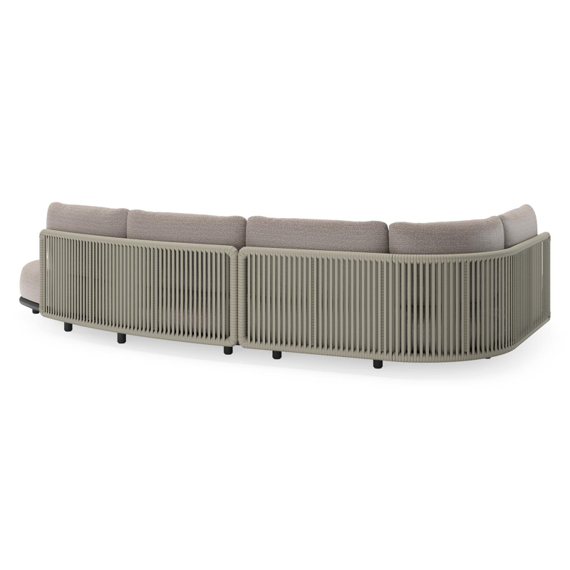 Salon de jardin d'angle Lomano en aluminium noir et corde luxe plate tissée verticalement beige et coussins en all weather sunbrella® luxe Wander Granite