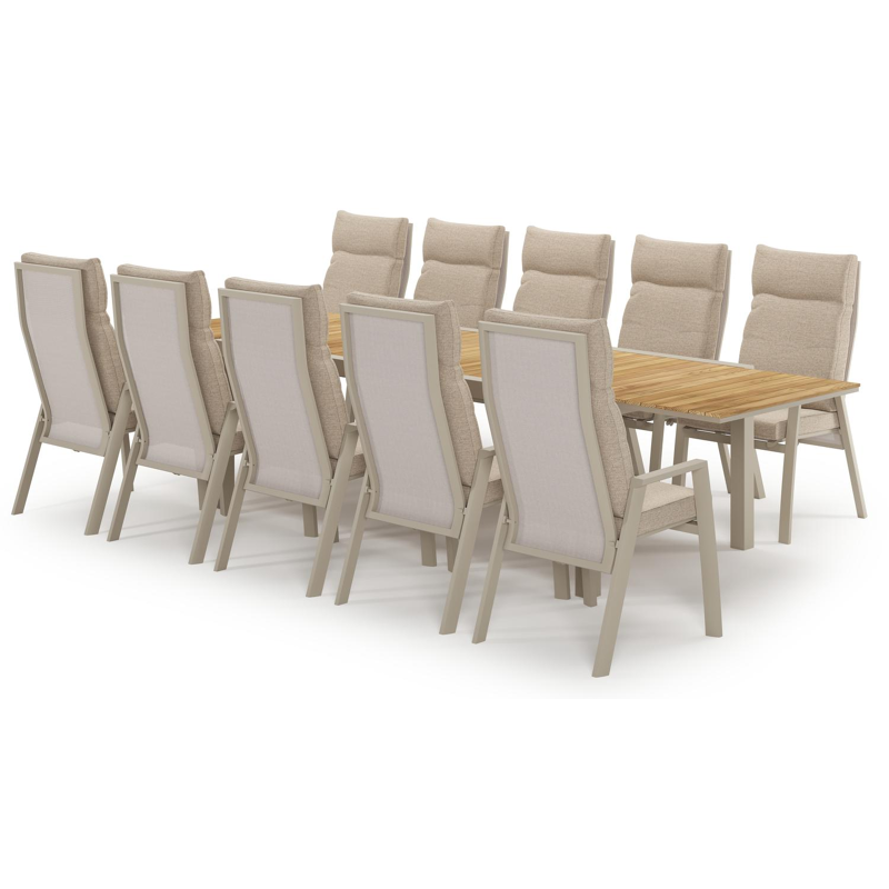 Calobra verlengbare tuinset rechthoekig in beige aluminium en teak met 10 Leon tuinstoelen