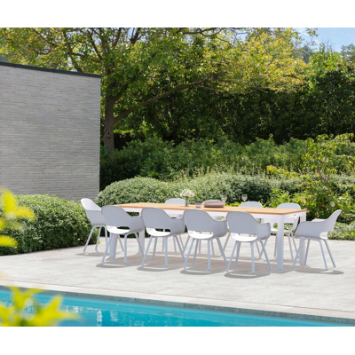 Varese tuinset in wit aluminium en naturel teak tafelblad met 10 Artena tuinstoelen