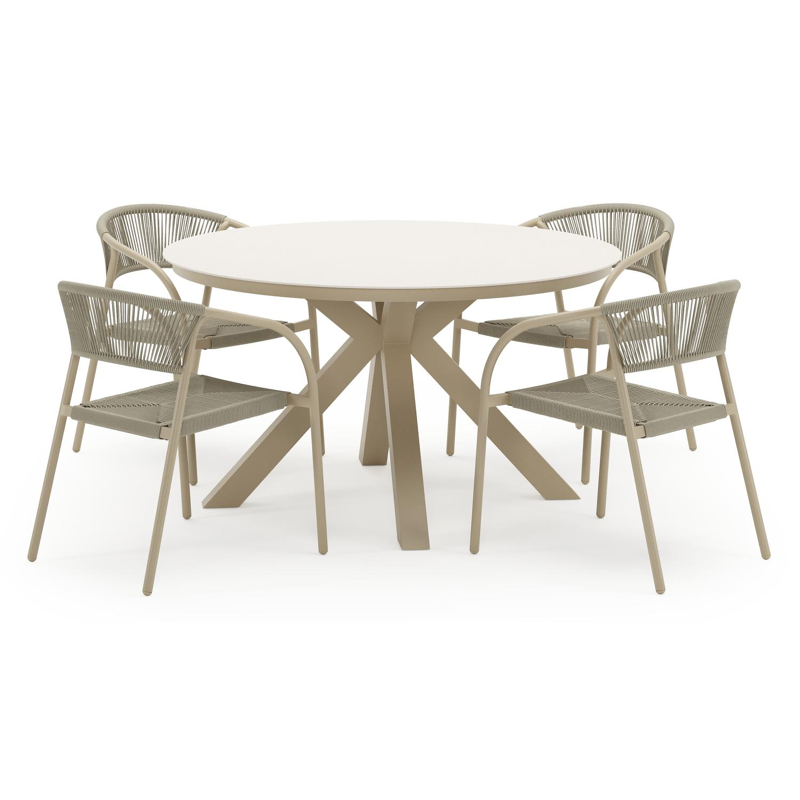 Tora tuinset in beige aluminium en beige sintered stone met 4 stapelbare Melo tuinstoelen