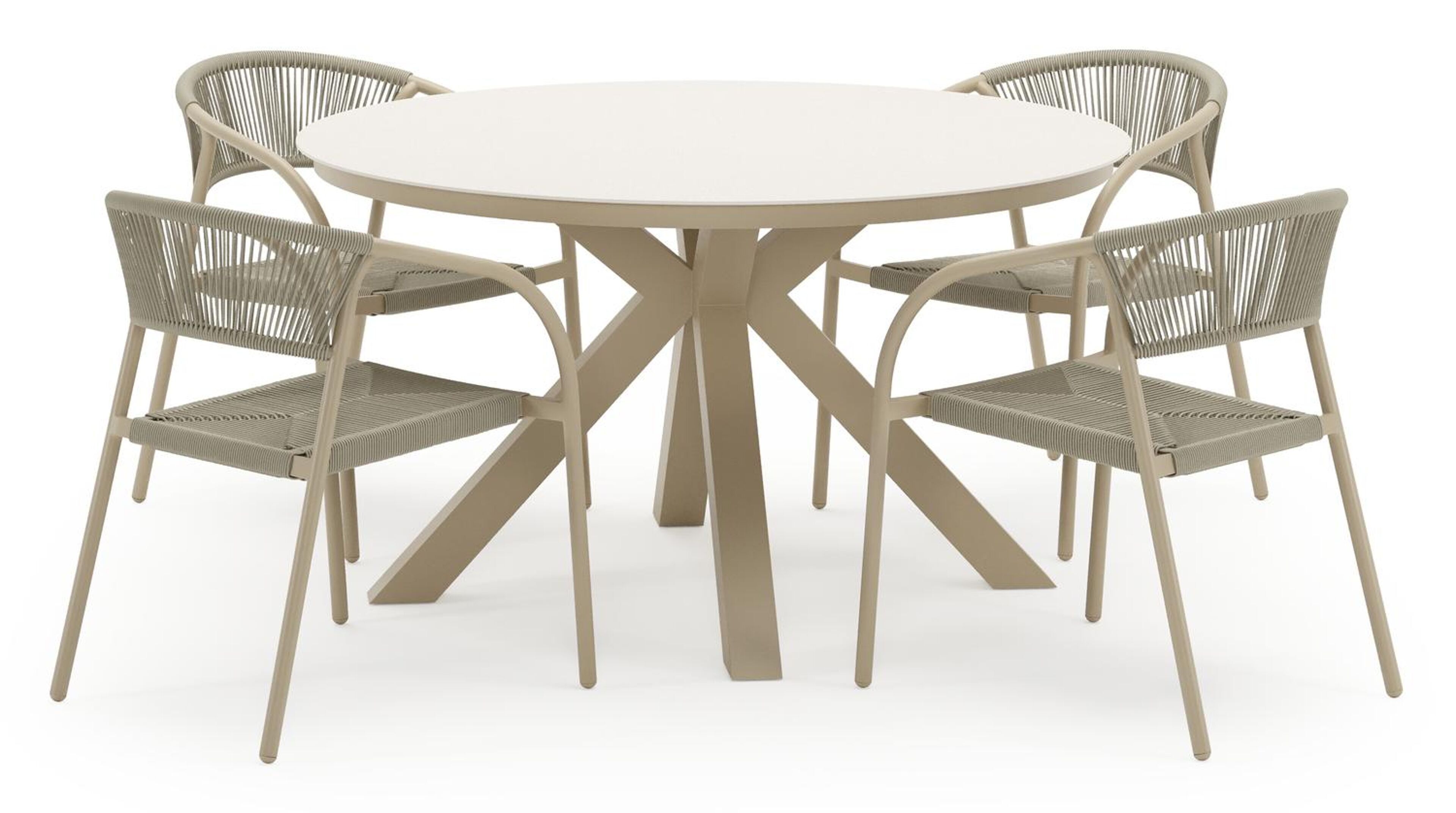 Tora tuinset in beige aluminium en beige sintered stone met 4 stapelbare Melo tuinstoelen