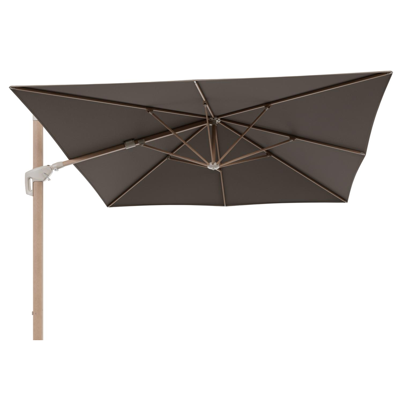 Minore zweefparasol met tiltfunctie in houtlook aluminium en Natte Heather Grey All Weather Sunbrella® Luxe parasoldoek - L1: 350 x L2: 350 cm (zonder voet) (zonder voet)
