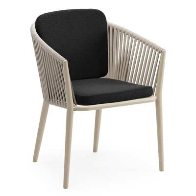 Chaise de jardin Orso en aluminium beige et corde plate tissée verticalement beige avec coussin en All Weather Sunbrella® Luxe Lopi Baribal