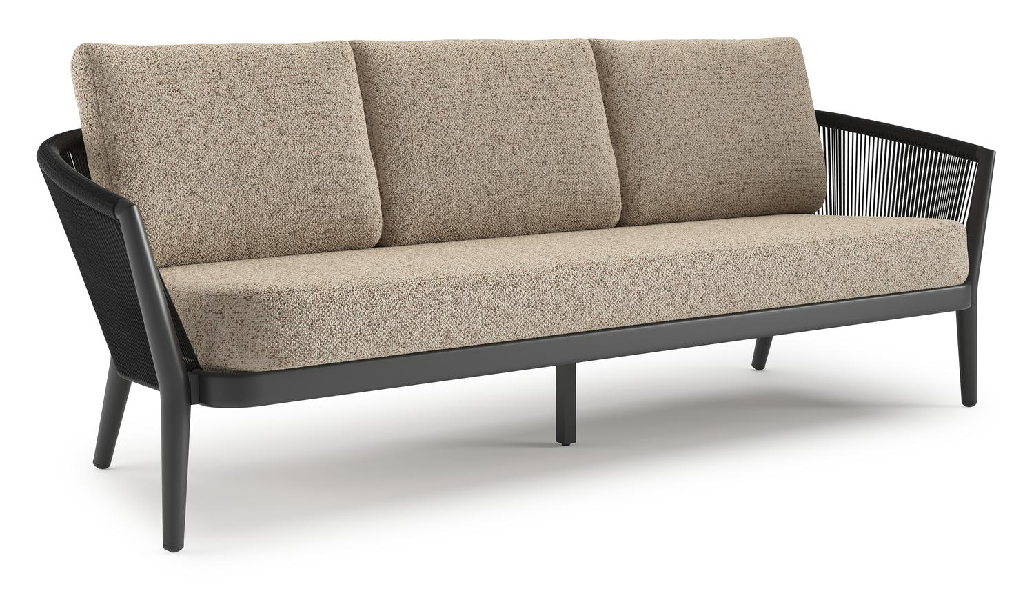 Orso loungebank in zwart aluminium en zwart verticaal geweven ronde rope met Bora Jungle all weather cosytica kussen